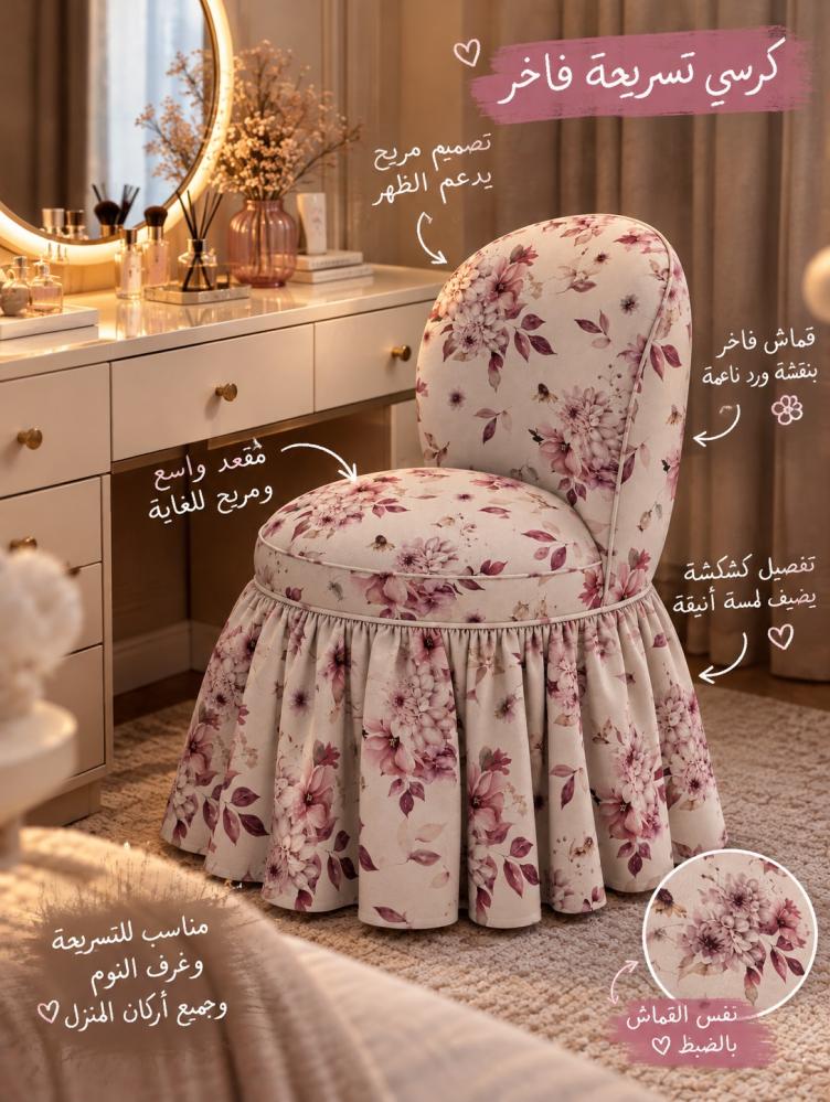 كرسي تسريحة فاخر بنقشة الورد الوردي والموف مع كشكشة أنيقة – كرسي مكياج مبطن بظهر دائري وتصميم أنثوي ناعم لغرف النوم والتسريحات وأركان القراءة والديكور المودرن