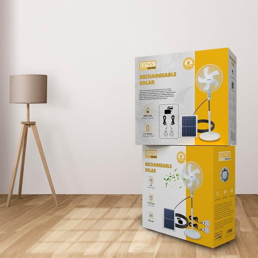 مروحة شمسية DENX DX2606 قابلة لإعادة الشحن مع LED وبطارية 5000mAh