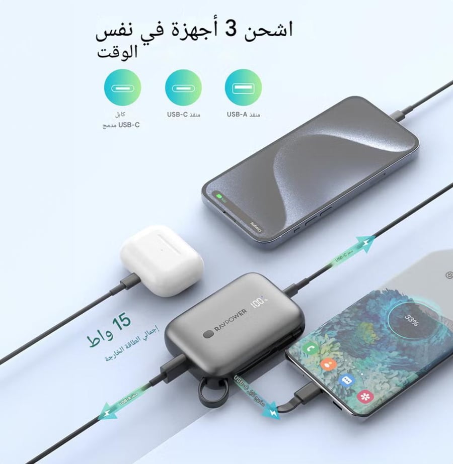 باور بنك راف باور سعة 10 الاف بي دي قوة 20 واط