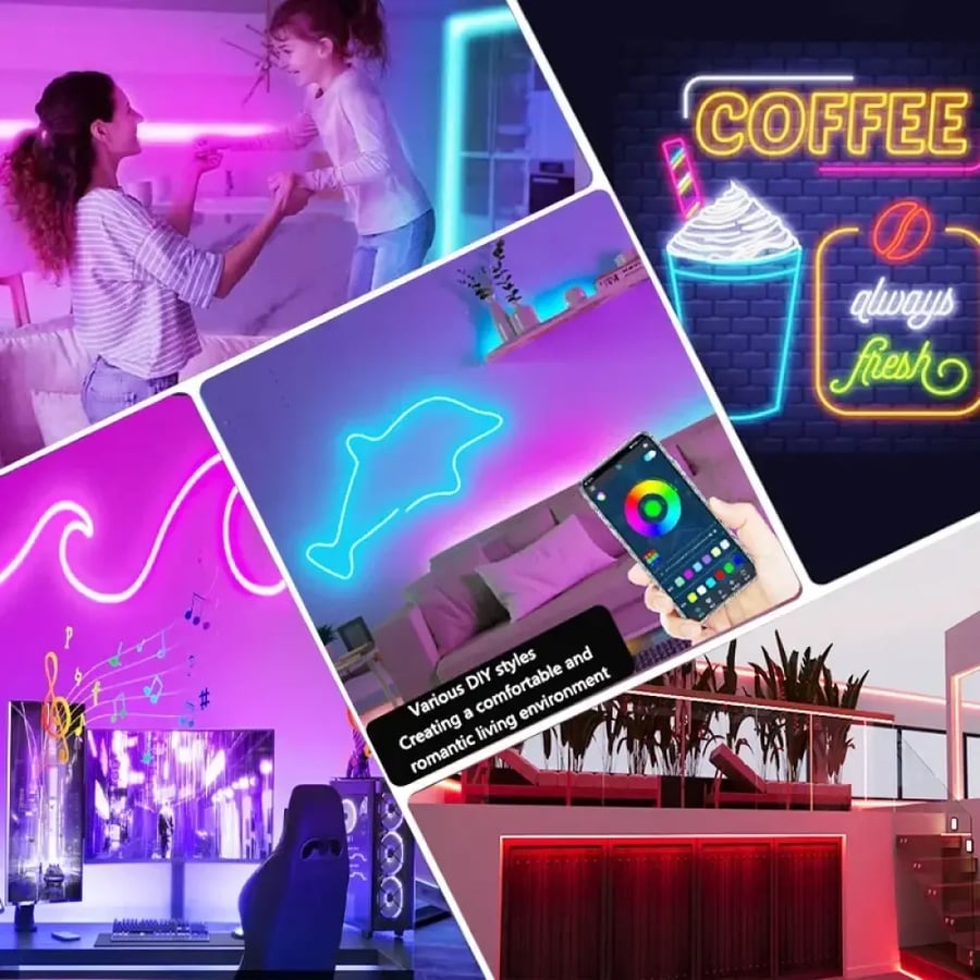 شريط نيون RGB LED مقاوم للماء مع تحكم USB وتطبيق Tuya للديكور المنزلي