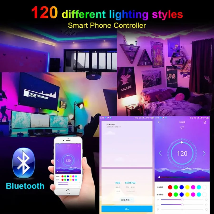 WS2812B Led قطاع مع SP110E USB وحدة تحكم بلوتوث WS2812 30/60/144 بكسل/م RGB مجموعة إضاءة LED قابلة للعنونة بشكل فردي DC5V