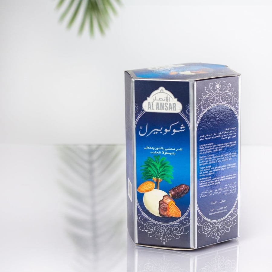 كرتون تمر بالشوكولا الحليب واللوز 500 جرام(12 علبه)
