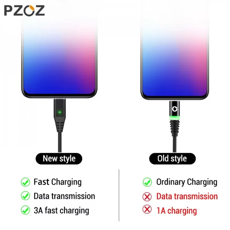 بزوز | سلك شاحن مغناطيسي سريع ضد القطع PZOZ | Magnetic Fast Charging Cable | 3A 1M 2M