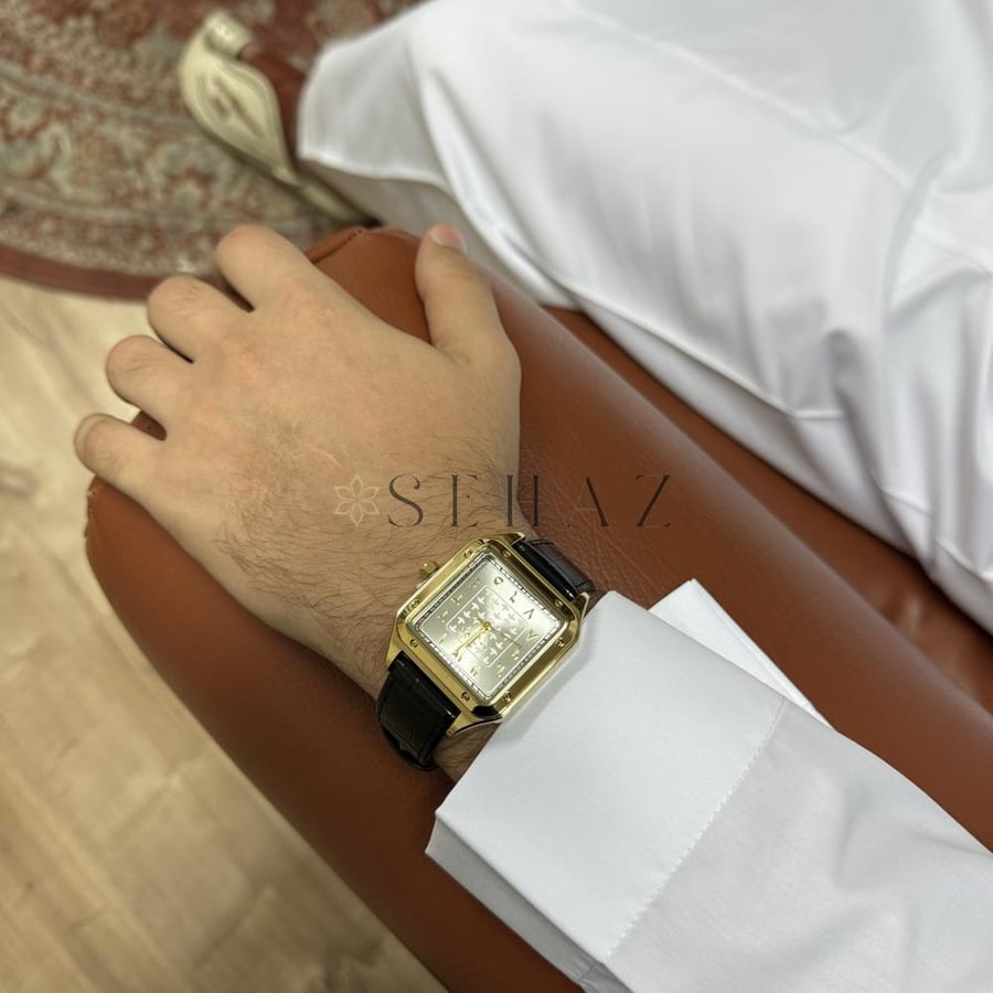 ساعة رجالي استيك جلد اسود اطار مربع لون ذهبي مينا ابيض