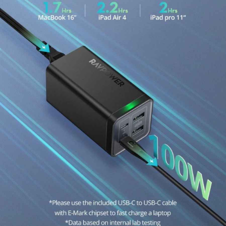 راف باور منصة شحن بقوة 120 واط بمنفذين USB ومنفذين تايب سي مع كيبل تايب سي تايب سي