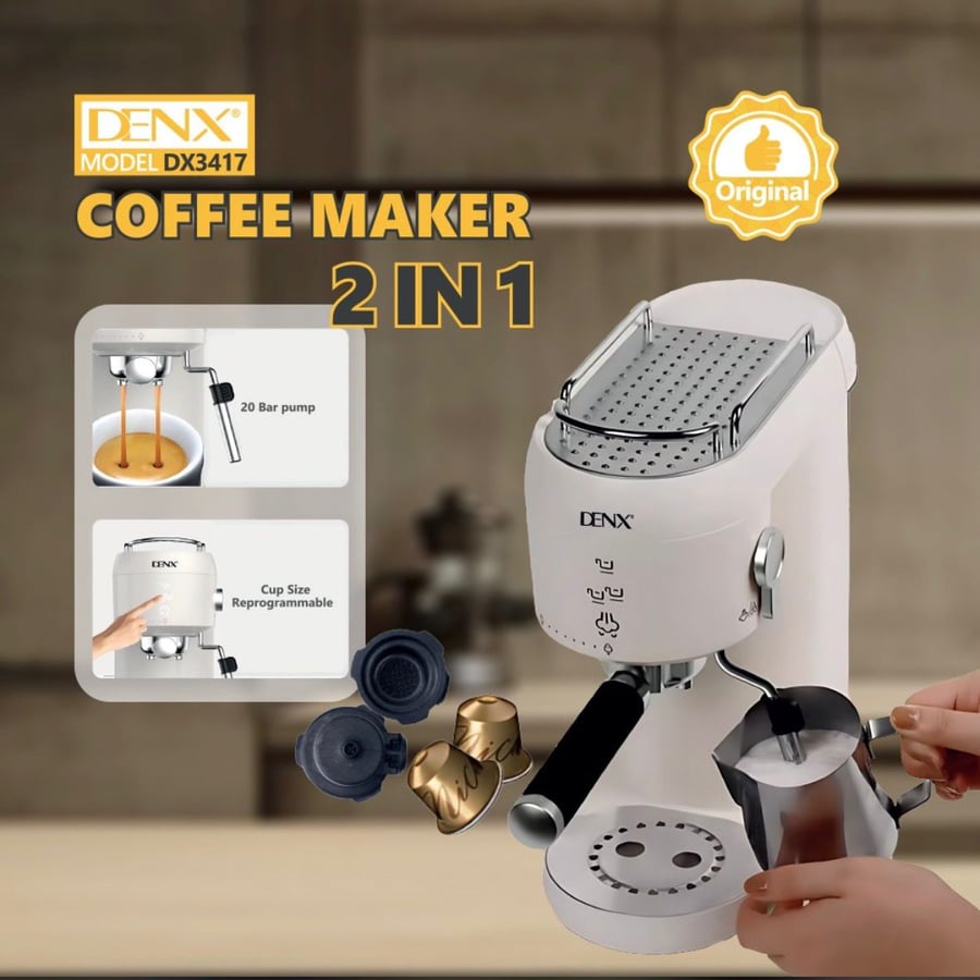ماكينة تحضير القهوة 2 في 1 DENX DX3417 بضغط 20 بار وسعة 1000 مل