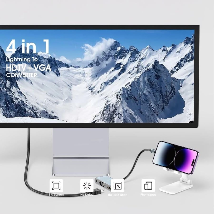 تحويلة  ايفون 4 في 1 مع HDMI وVGA ومنفذ شحن PD وAUX  بدقة SPON -1080P
