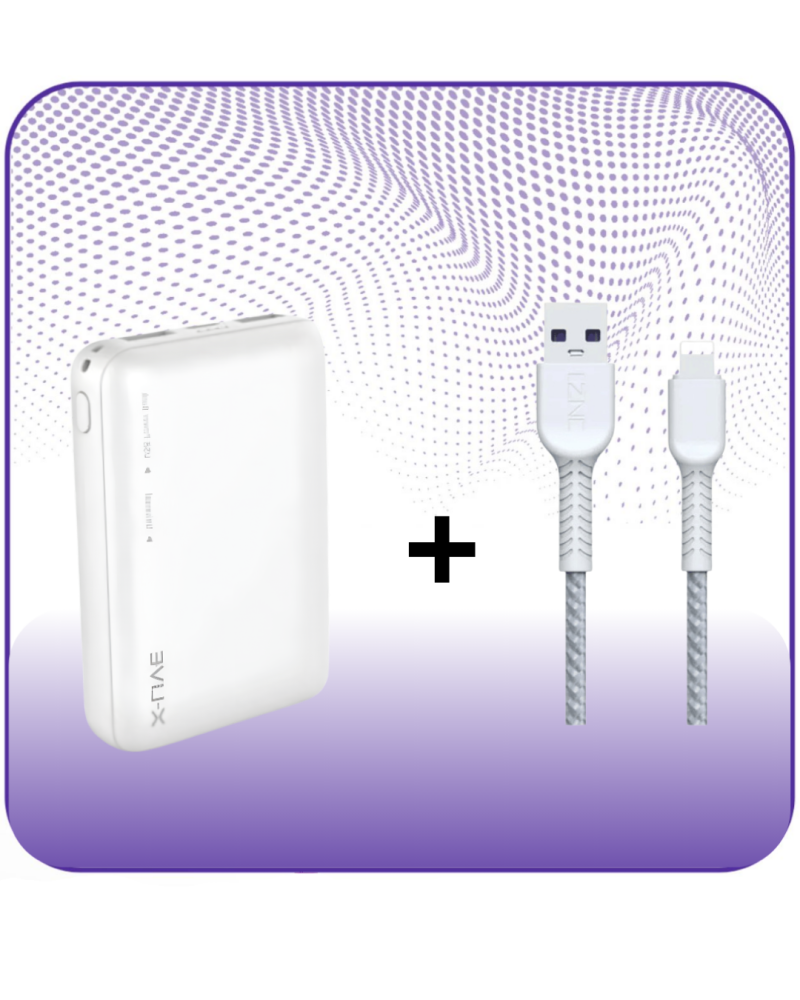 عرض باور بانك بقوة 10000 الف X-LIVE+كابل ايفون USB قماش 1 متر IZNC