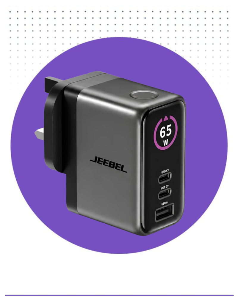 شاحن جداري بشاشة ذكية 65 واط لشحن الآيباد والجوالات بسرعة وأمان بتقنية GAN – منفذين USB-C ومنفذ JEEBEL - USB-A