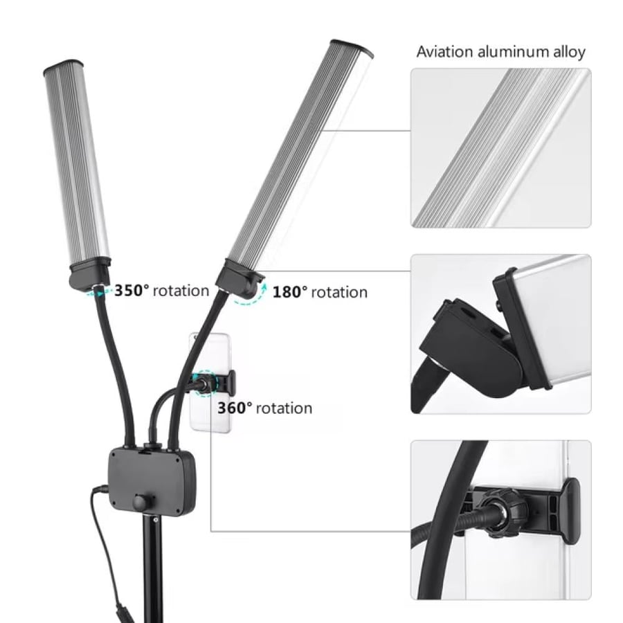 إضاءة LED مزدوجة الأذرع للتصوير 45 واط مع ريموت وشحن USB  وتحكم في السطوع من 10% إلى 100%