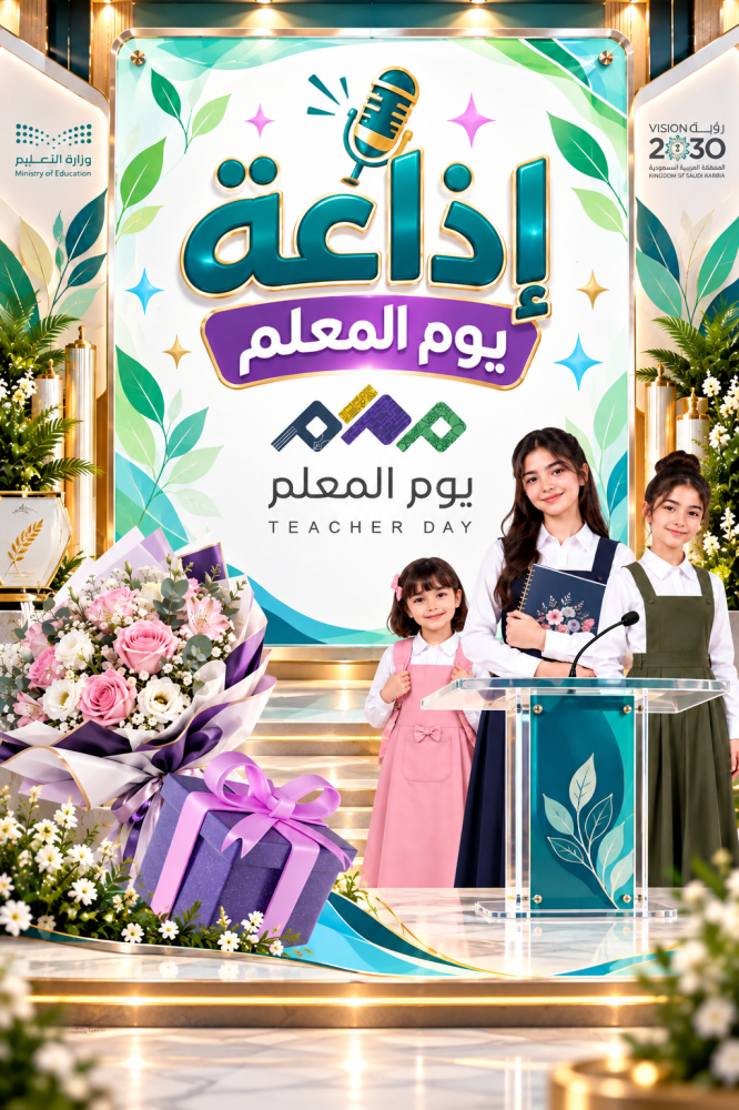 إذاعة يوم المعلم | عرض PowerPoint + فيديو جاهز + بطاقة شكر للمعلمة