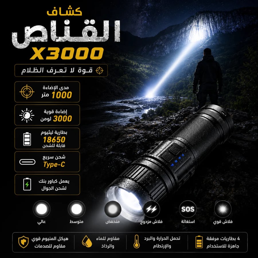 كشاف القناص X3000 ليد بعيد المدى 1000 متر قابل للشحن USB-C مع 4 بطاريات ليثيوم