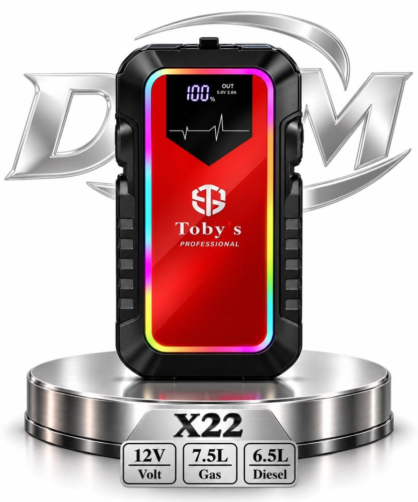 جهاز تشغيل المحرك Toby's X22 بسعة 16000 مللي أمبير و59.2 واط/ساعة مع قدرة قصوى 2500 أمبير، وبطارية شحن سريع PD بقدرة 30 واط للسيارات ذات 8 أسطوانات
