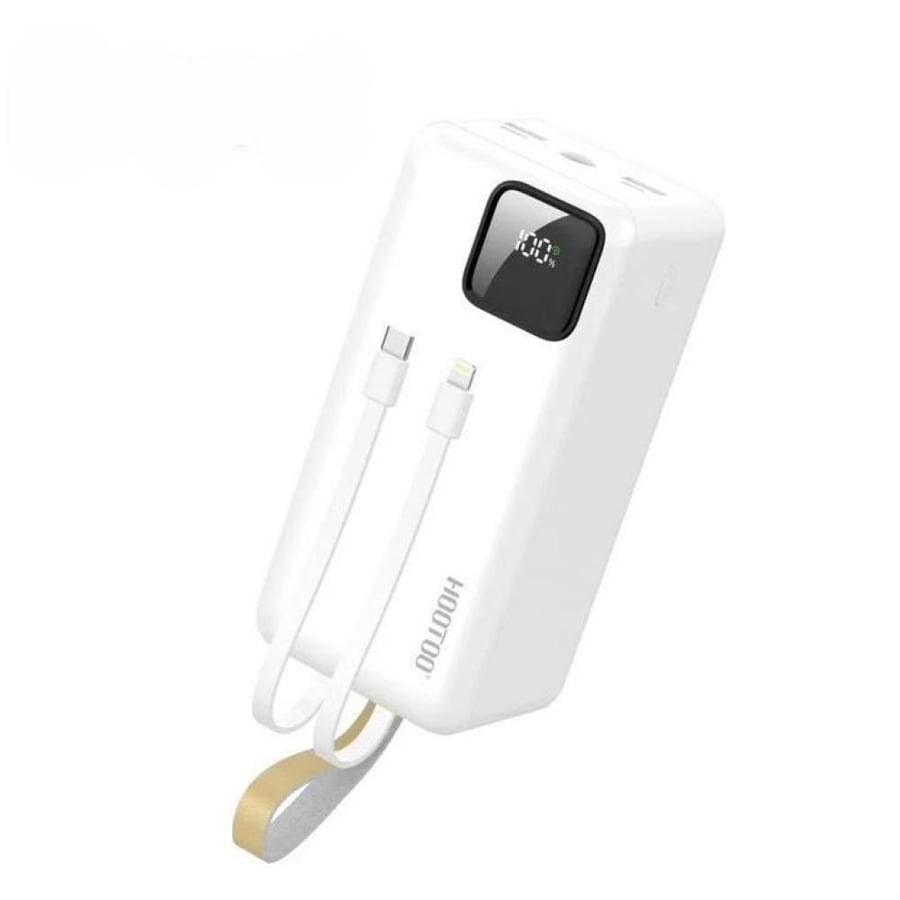 باور بنك بسعة 30000mAh بثلاث مخارج أثنان من النوع USB-A ومخرج من النوع USB-C ومدخل شحن مايكرو ,كبلان مدمجان ,شاشة عرض رقمية ,دعم لشحن السريع بقوة 22.5 واط مع أضاء فلاش LED ,وحزام مدمج لحمله. أبيض
