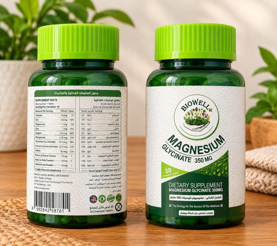بايو ويل بلص مكمل غذائي مغنيسيوم جليسينات 350 مل - BIOWELL+ MAGNESIUM GLYCINATE 350 MG 30 CHEWABLE TAB