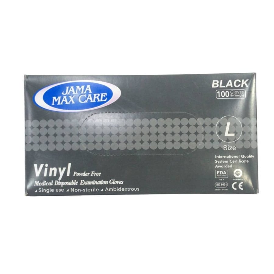 قفازات  ماكس كير لون اسود مقاس لارج العلبة 100 قفاز max care gloves, black, size large, box of 100 gloves