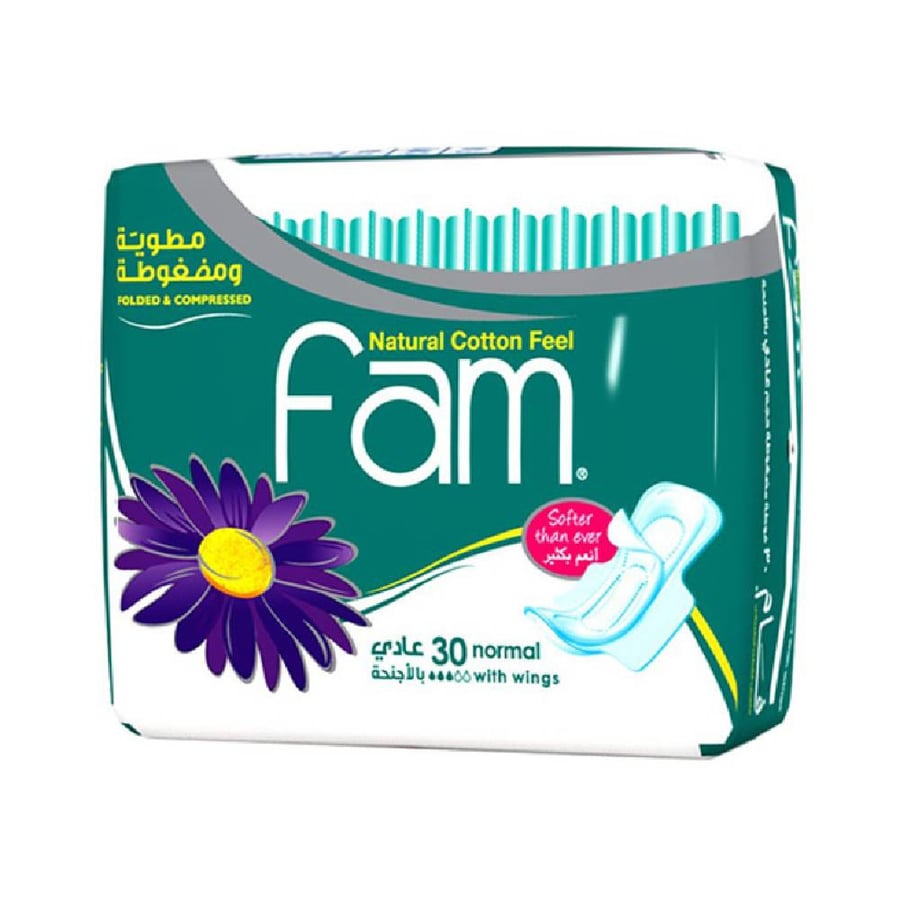 فوط صحية فام 30 قطعة مضغوطة مطوية حجم عادي بالأجنحة fam women napkins, folded and compressed, normal, with wings, 30 pads
