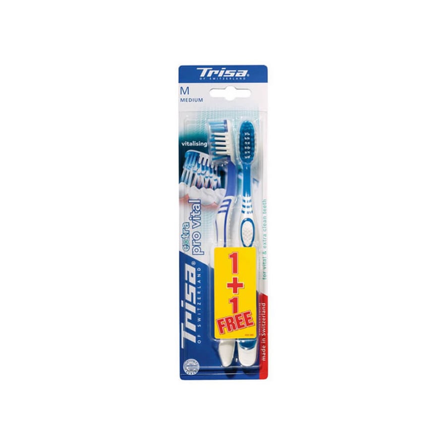 فرشاة أسنان تريزا اكسترا برو فيتال متوسطة النعومة 1+1 فرشاة trisa extra pro vital medium toothbrush1plus 1