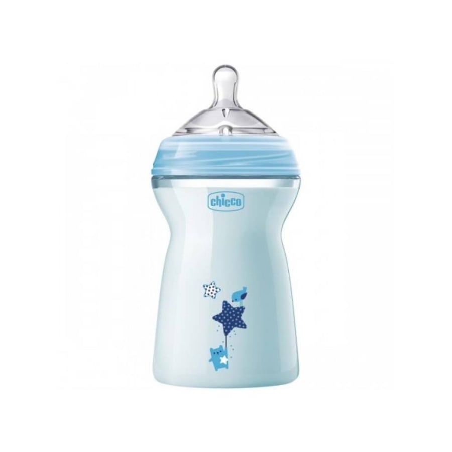 رضاعة بلاستيك شيكو 330 مل لعمر 6 شهور ازرق chicco natural feeling 6m and 330ml bottle fast flow blue