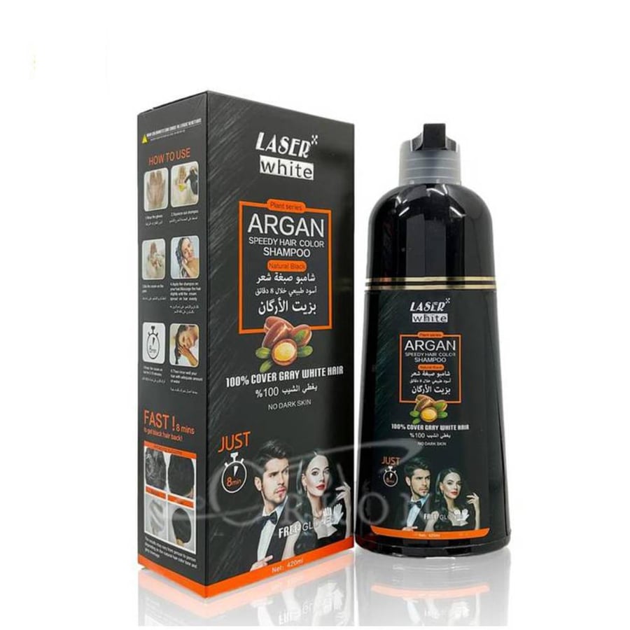شامبو صبغة شعر  ليزر وايت 420 مل بالأرجان اسود طبيعى laser white argan oil speedy hair color shampoo