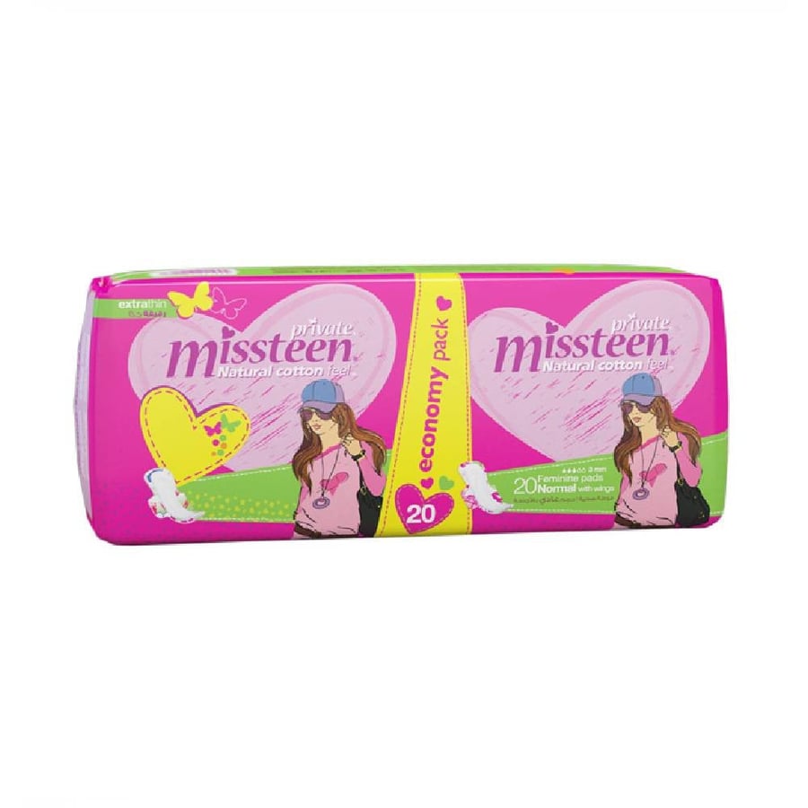فوط نسائية برايفت 20 فوطة حجم عادي بالأجنحة ملمس القطن private missteen natural cotton, normal with wings, 20 pads