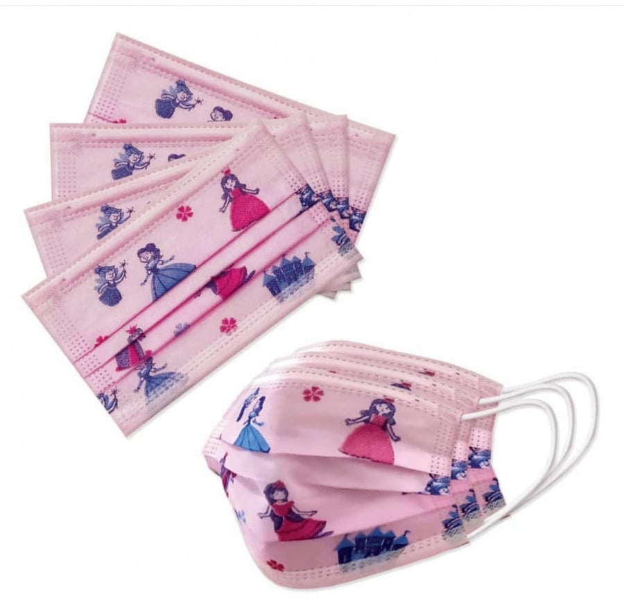 5 علب كمامات ميد لاين الطبية الاميرات وردى للبنات 50 قطعة للاطفال 5 boxes of medline pink princess medical masks for girls
