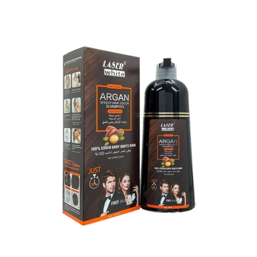 شامبو صبغة شعر  ليزر وايت 420 مل بالأرجان بنى غامق laser white speedy hair color shampoo with argan oil dark brown 420 ml