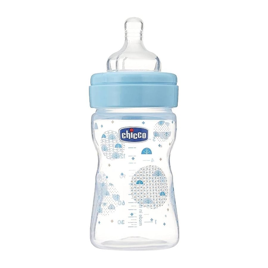 رضاعة بلاستيك شيكو 150 مل ويل بيينج لون ازرق chicco wellbeing plastic baby bottle, regular flow 150 ml blue