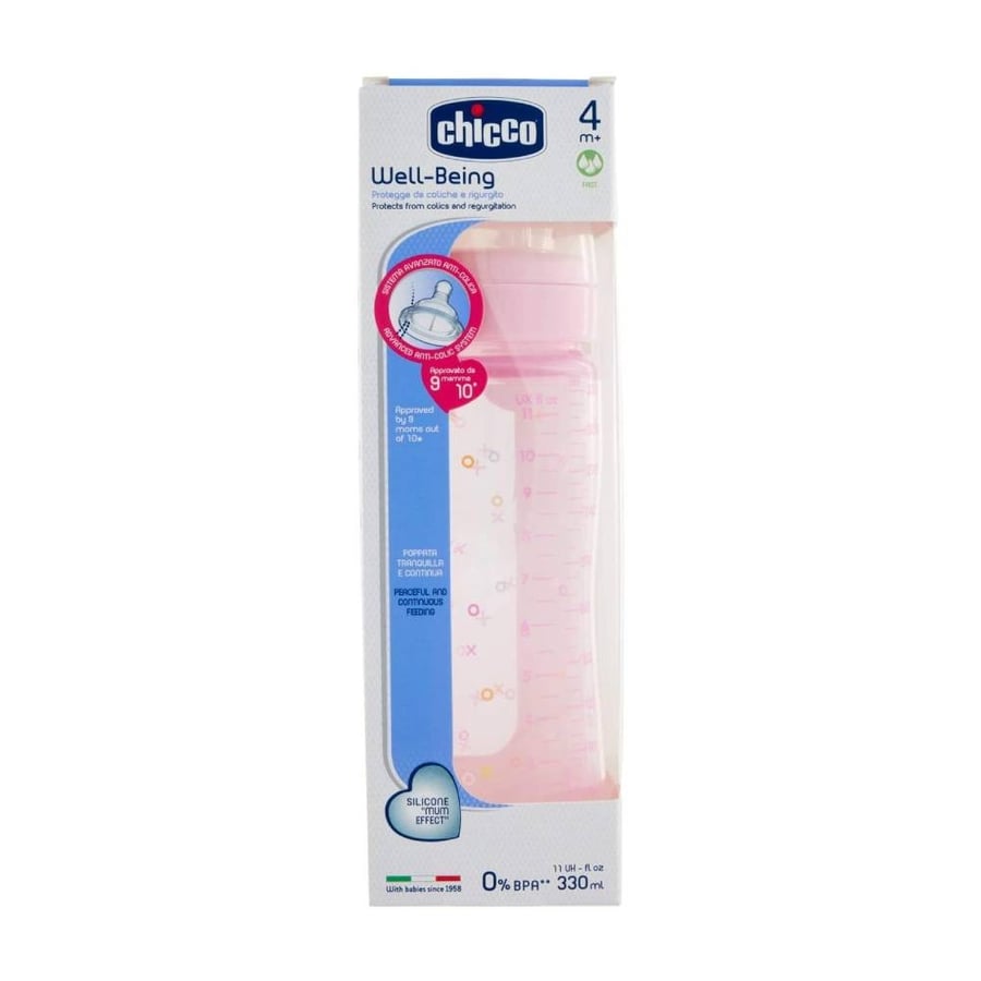 رضاعة بلاستيك شيكو 330 مل ويل بيينج لون زهرى chicco wellbeing plastic baby bottle, fast flow 330 ml pink