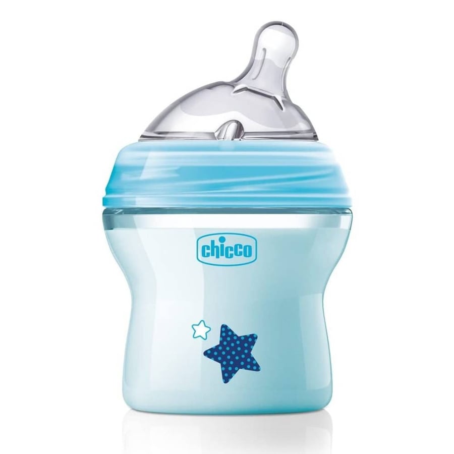 رضاعة بلاستيك شيكو 150 مل حديث الولادة ازرق chicco natural feeling 0m and 150ml bottle regular flow blue