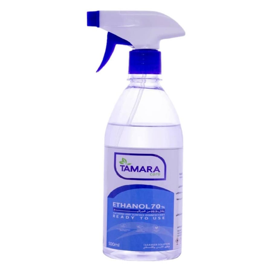 كحول إيثلي 500 مل إيثانول 70% لتطهير الأيدي و تعقيم الأسطح الصلبة tamara care ethanal 70% for hand and surface disinfectant 500ml