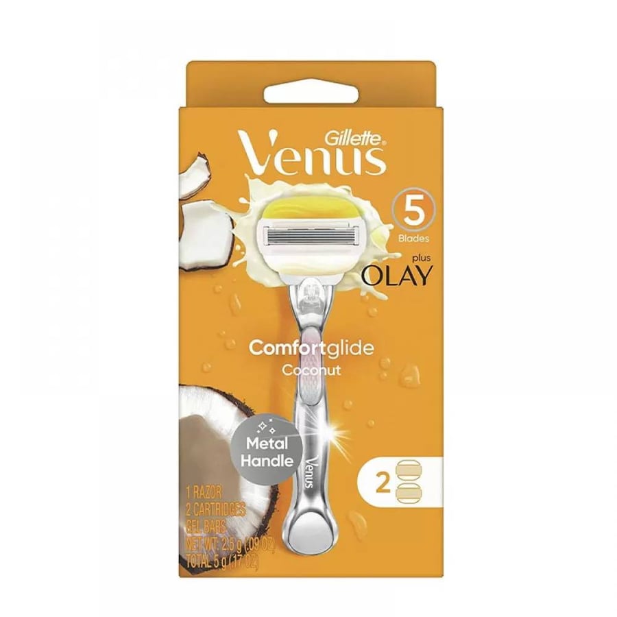 ماكينة حلاقة جيلليت فينوس كومفورت جلايد للسيدات مع 2 شفرة غيار gillette venus comfortglide with olay coconut for women metal handle  plus 2 blade refills