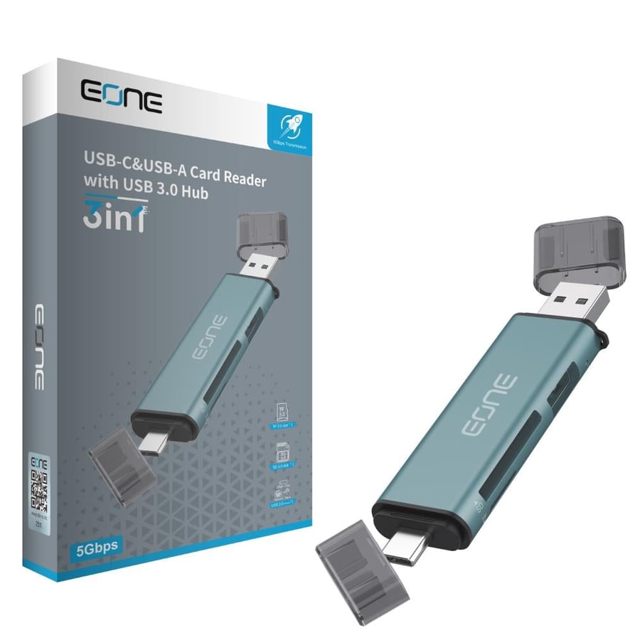 قارئ بطاقات EONE بمنفذي USB-C وUSB-A مع موزع USB 3.0 بسرعة 5 جيجابت/ثانية
