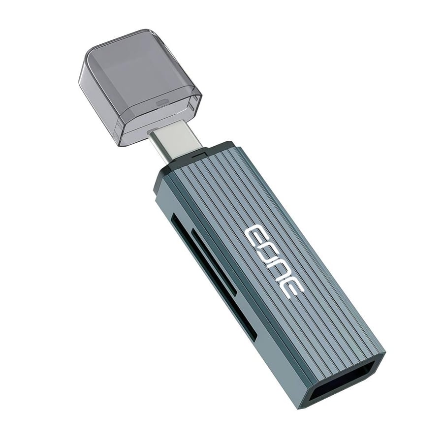 قارئ بطاقات EONE OTG بمنفذ Type-C يدعم SD وTF مع منفذ USB 2.0 – رمادي