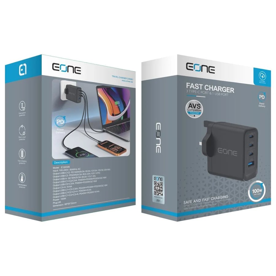 شاحن حائط EONE بقدرة 100 واط – 4 منافذ مع Smart Power
