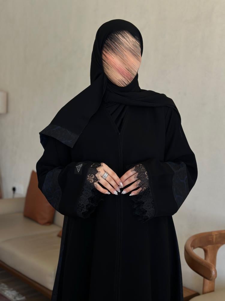 عباية كلوش قماش(سراميك)بالخلف قماش كتان مرسم كحلي