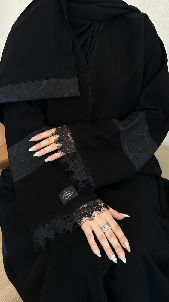 عباية كلوش قماش(سراميك)بالخلف قماش كتان مرسم كحلي