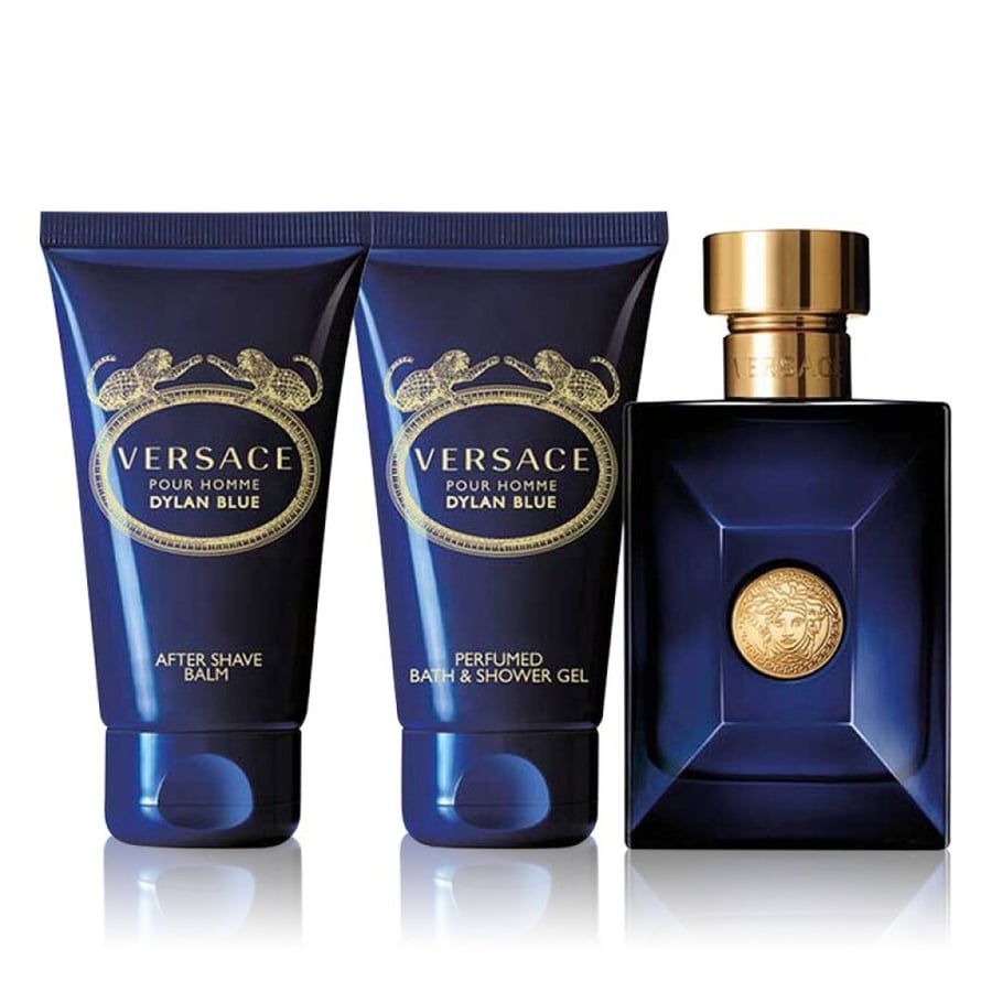 Versace Dylan Blue Pour Homme set (or 1.7-ounce Eau de Toilette + 1.7-ounce shampoo for hair and body + 1.7-ounce aftershave moisturizer)