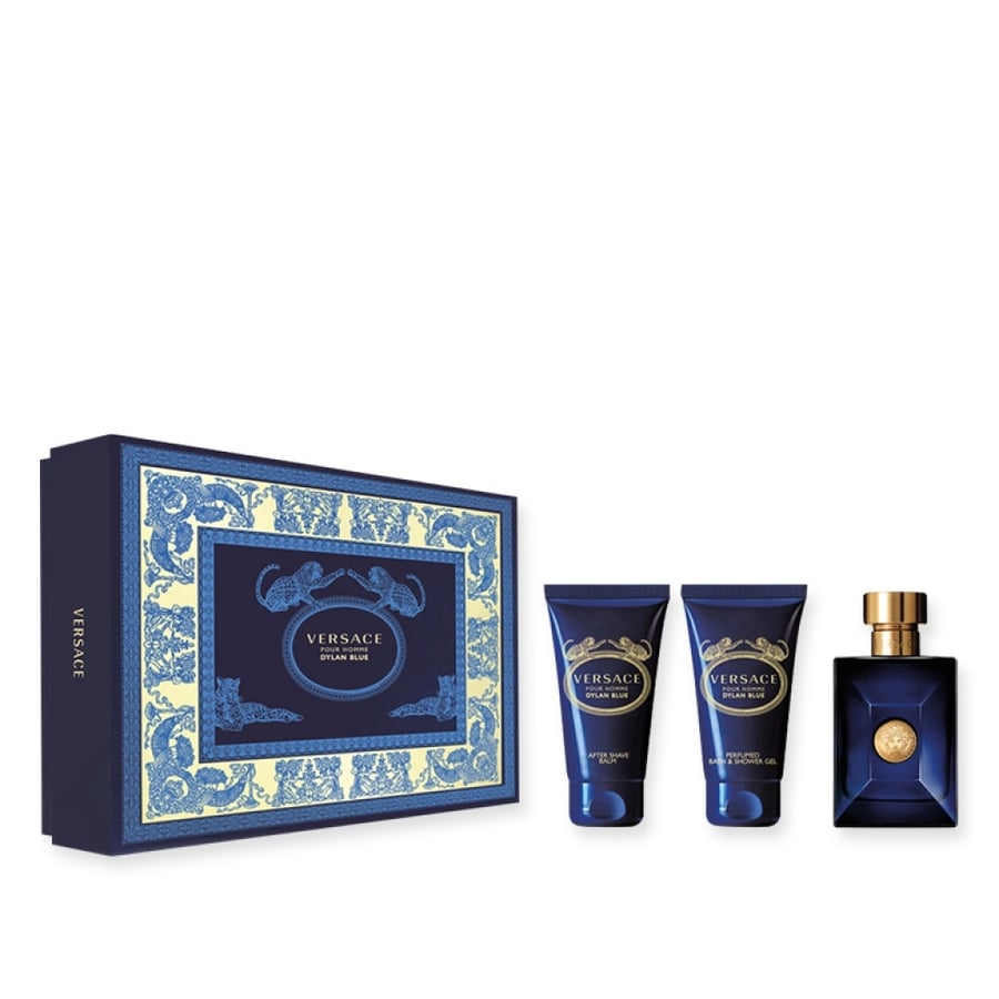 Versace Dylan Blue Pour Homme set (or 1.7-ounce Eau de Toilette + 1.7-ounce shampoo for hair and body + 1.7-ounce aftershave moisturizer)