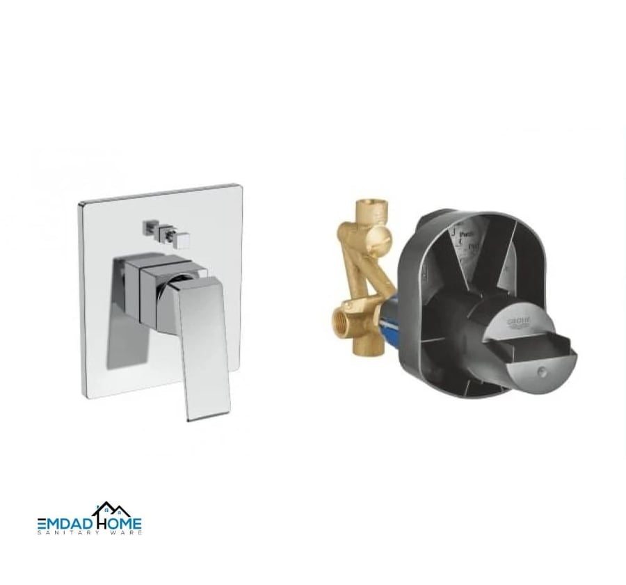 وجه خلاط دفن خطين كروم مربع ماركة برونزو / BRONZO + قلب دش دفن خطين ماركة جروهي / GROHE
