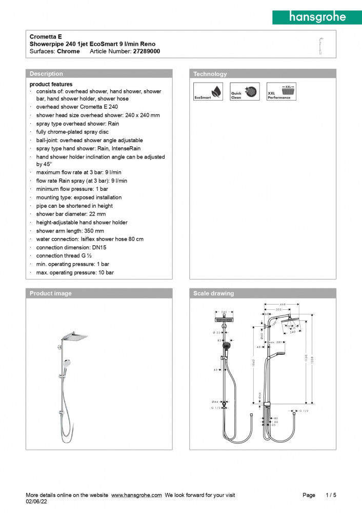 مسطرة شاور كاملة مع طاسة مربعة هانس جروهي /  hansgrohe
