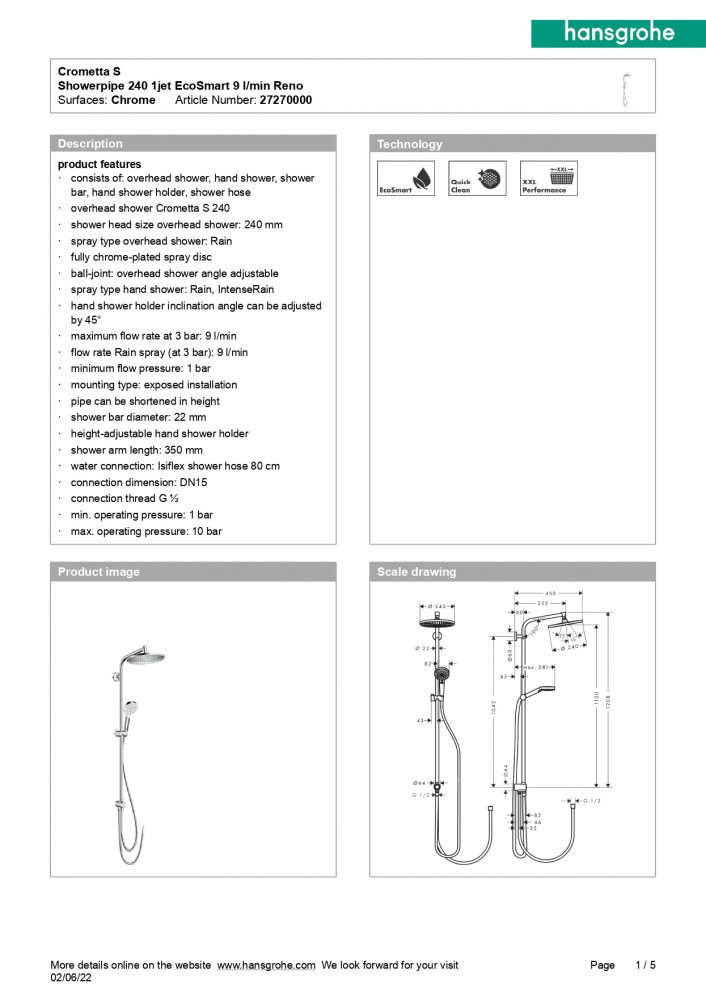 مسطرة شاور كاملة مع طاسة دائرية هانز جروهي / hansgrohe