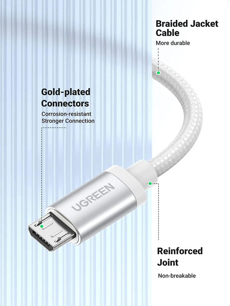 يوجرين - سلك شحن USB إلى مايكرو، قماش 1متر أبيض