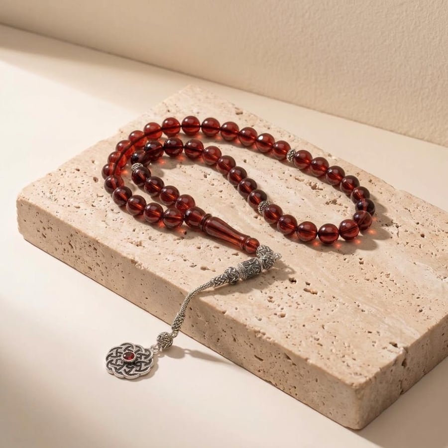 Red ruby prayer bead with silver tassel