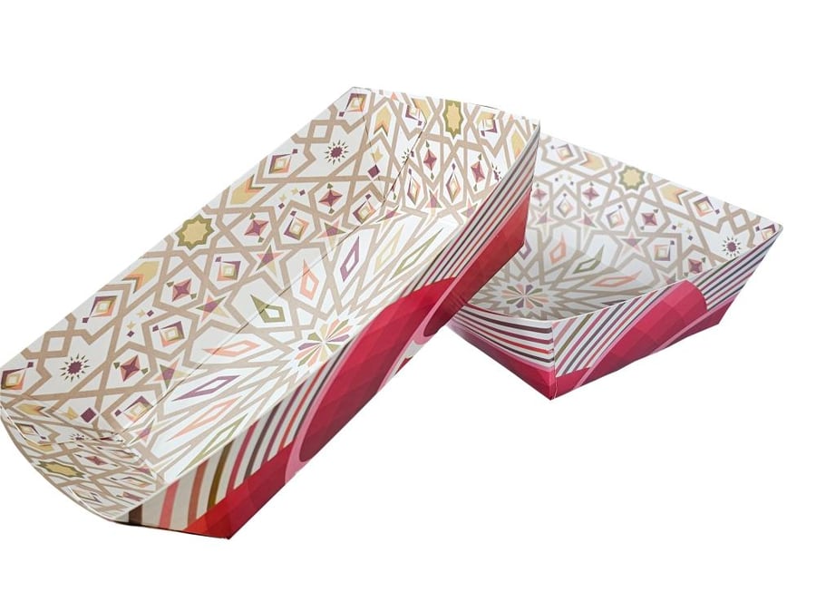 Luxury paper serving plates for sweets and nuts - reinforced cardboard with printed design (140-piece carton)