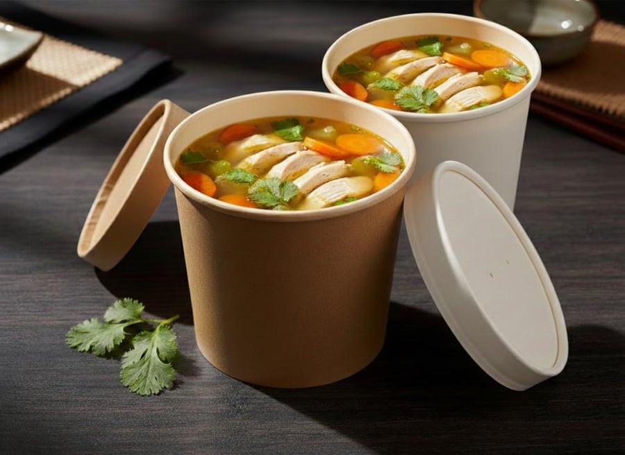 وعاء شوربة ورقية 26 أونصة 812 مل بغطاء محكم – كرافت وأبيض (قطر 115 مم) 500 حبة