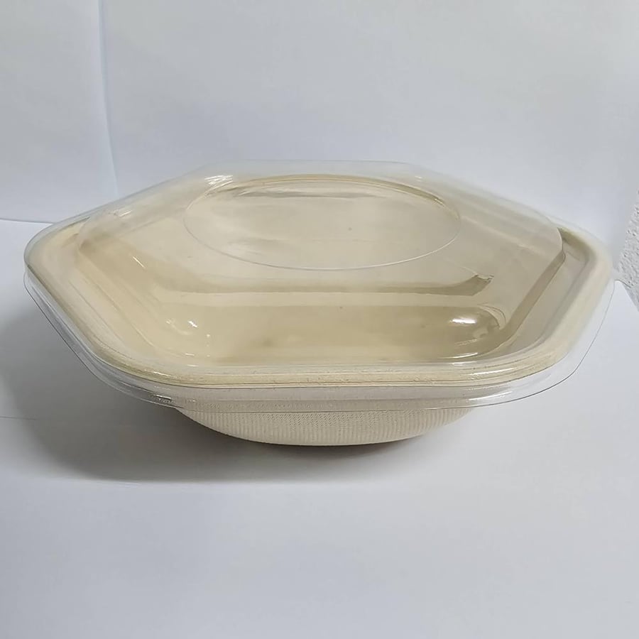 Hexagonal container made of sugarcane, biodegradable, 750 ml capacity with lids, pack of 300 pieces.