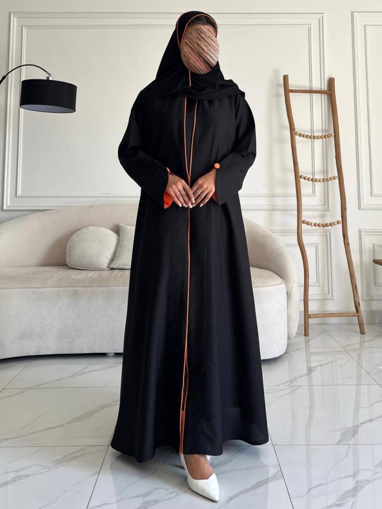 عباية كريب واقف بتطريز ورد برتقالي