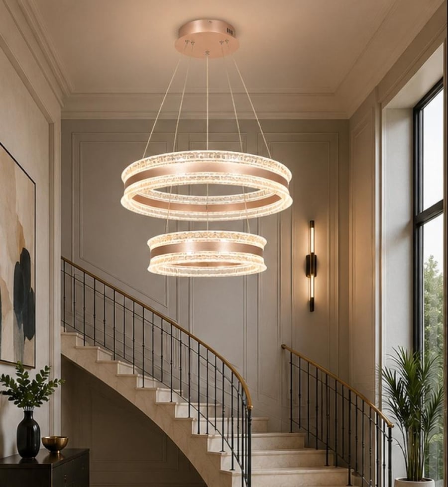 ثريا LED كريستالية بتصميم عصري فاخر بحلقتين – ذهبي – مقاسات 40 + 60 سم