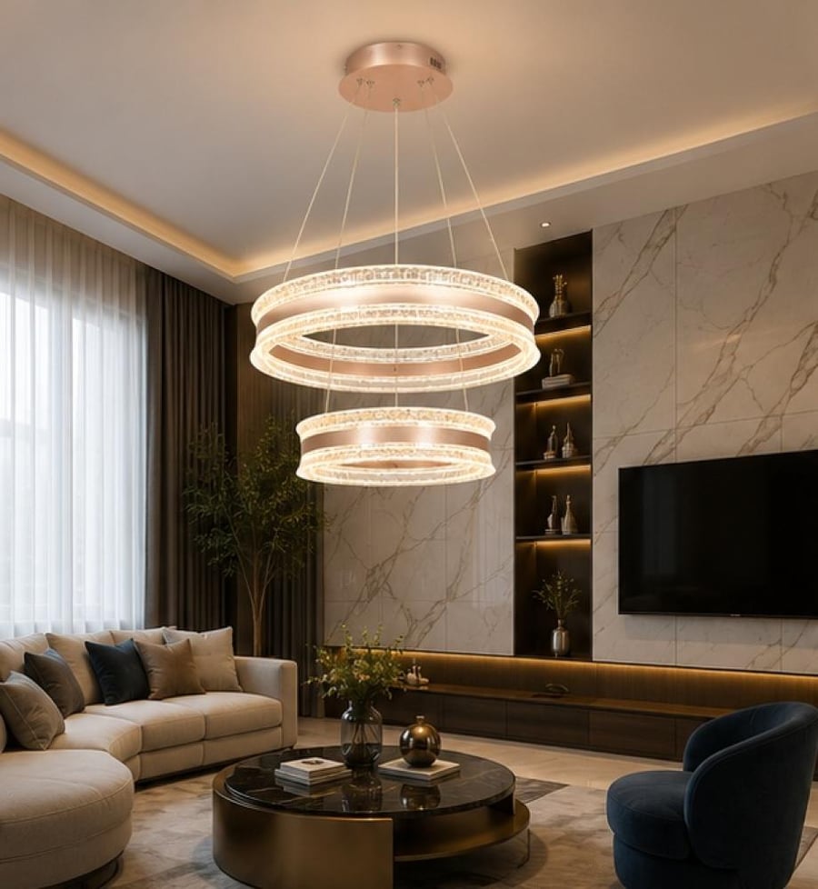 ثريا LED كريستالية بتصميم عصري فاخر بحلقتين – ذهبي – مقاسات 40 + 60 سم